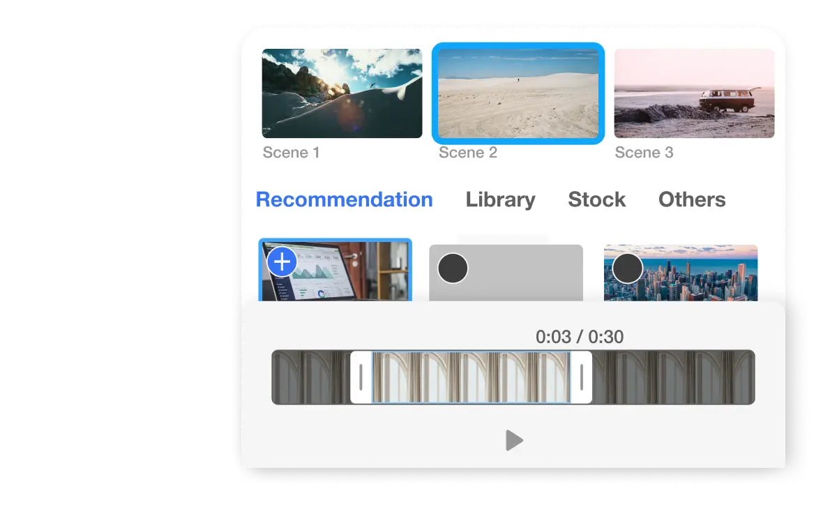Selection of graphics and footage in a mobile video editing app interface, featuring scenes, stock library, and playback controls for effective video enhancement